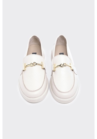 Derinet Tokalı Hakiki Deri Kadın Loafer Ekru Ekru