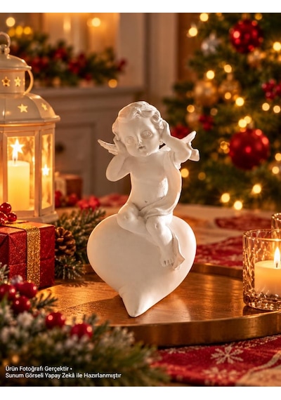 Dekoratif Melek Biblo Kalp Üzerinde Oturan Beyaz Melek Figürlü Hediyelik Süs 15x9 Cm