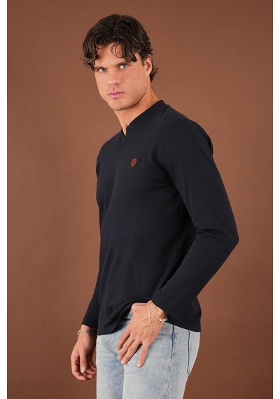 V Yaka Yırtmaç Detaylı Uzun Kollu T-shirt Koyu Lacivert
