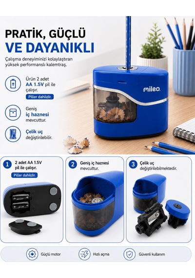 Mileo Pilli Otomatik Mavi Kalemtraş
