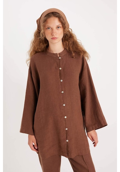 Defacto %100 Keten Regular Fit Bağcıklı Uzun Kollu Tesettür Gömlek Tunik D4394AX24HS Kahve
