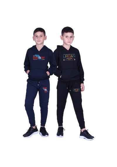Fyk Kids Erkek Çocuk Baskılı Kanguru Cepli Kapüşonlu 2li Eşofman Takımı Lacivert - Siyah