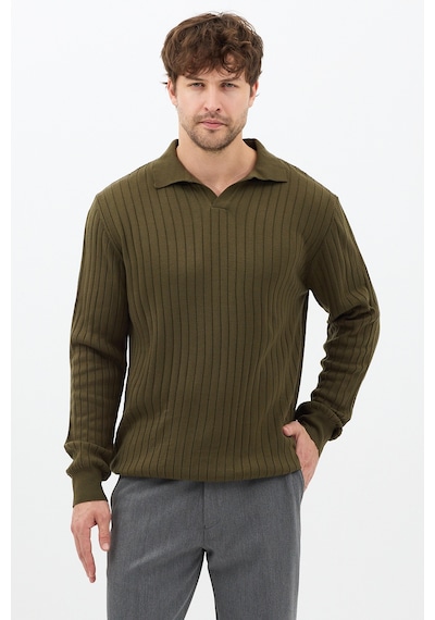 Erkek Haki Slim Fit Uzun Kollu Polo Yaka Triko Kazak Haki