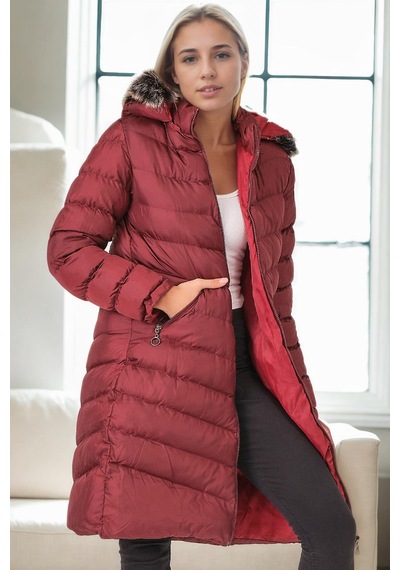 Z9690 Dewberry Kürklü Kapşonlu Bayan Kaban-bordo Bordo