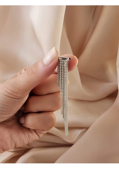 Eva Takı Store Kristal Taşlı Zincir Sallantılı Deliksiz Kıkırdak Silver Renkli Küpe Gümüş