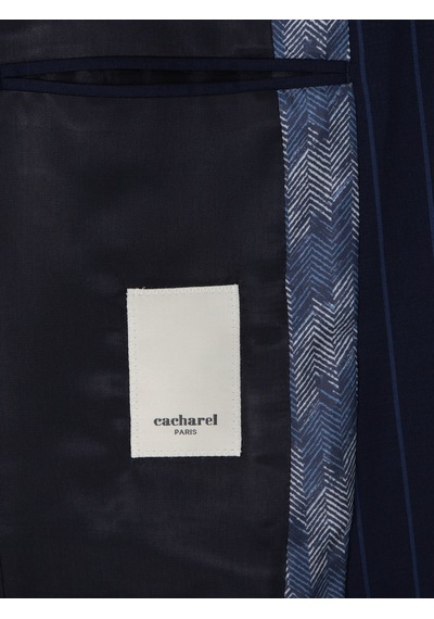 Cacharel Koyu Lacivert Slim Fit Çizgili Kırlangıç Yaka Yün Takım Elbise