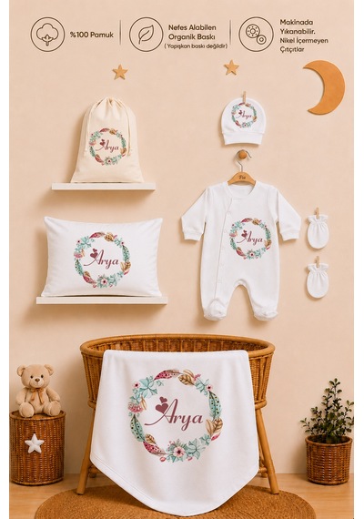 Pia Baby Kız Bebek Hastane Çıkışı 12 Parça %100 Pamuk İsme Özel Organik Baskılı Kese Hediyeli 101711k3x Ekru