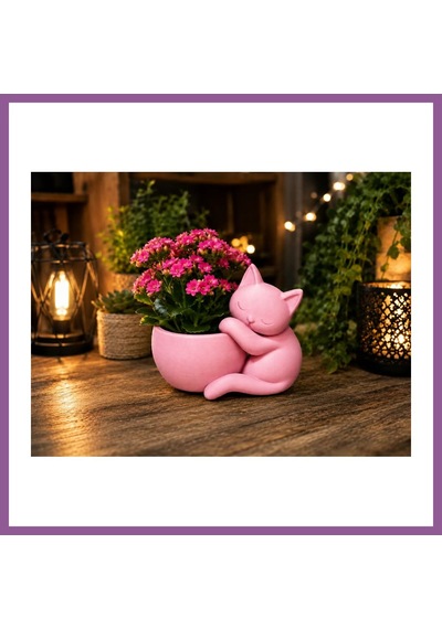 Bezos 3d Baskı Sarılan Kedi Saksı - Sevimli Dekoratif Saksı - Pembe Rengaren