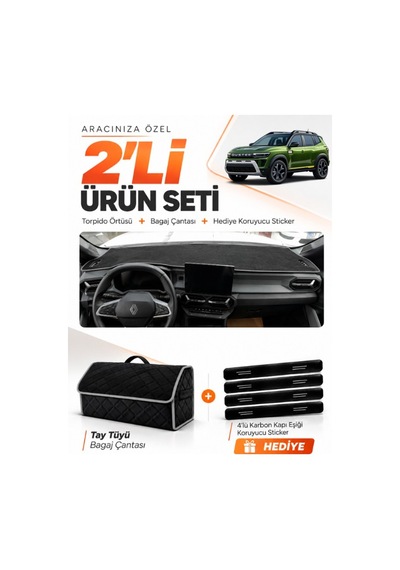 Renault Duster 2025-2027 Uyumlu Torpido Örtüsü + Tay Tüyü Bagaj Çantası + Sticker Seti - Siyah Gri