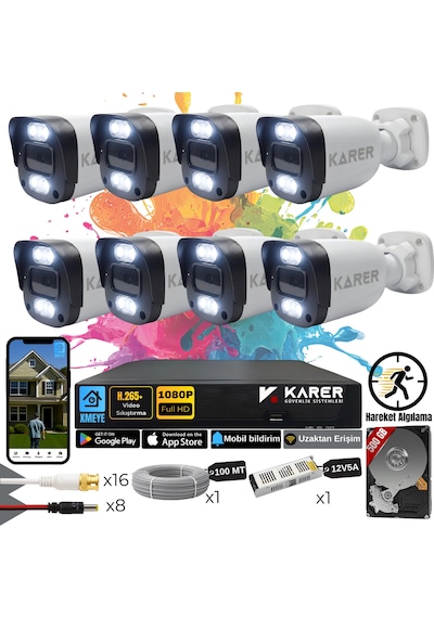 Exitcam-8'li Ahd Güvenlik Kamera Seti-gece Renkli-6 Warmled'li- Su Geçirmez-2 Mp- Full Hd