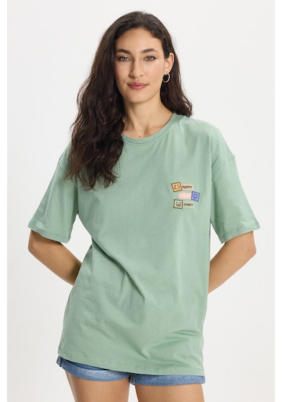 Tudors Kadın Oversize Geniş Kesim Pamuk Bisiklet Yaka Baskılı Yeşil Tişört -50387 L