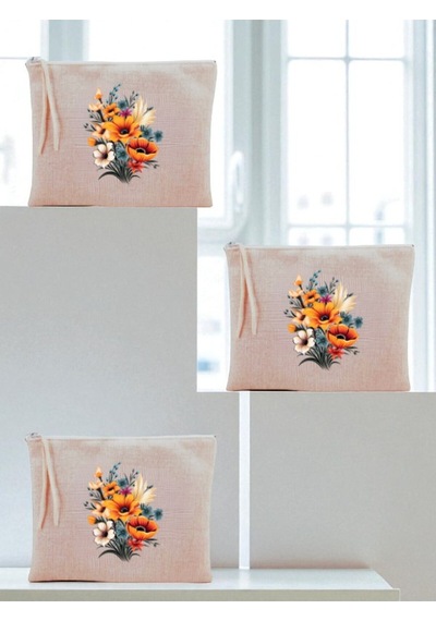 Çiçek Buketi Baskılı 3'lü Makyaj Çantası 20x25 Cm - Kadın Doğum Günü Hediyesi Kadın Hediye Ürün