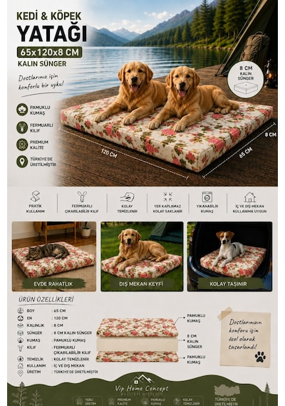 Xl Büyük Irk Köpek Yatağı Süngerli Fermuarlı Yıkanabilir Kılıflı Köpek Minderi 65x120x8 Cm-ingiliz Gülü