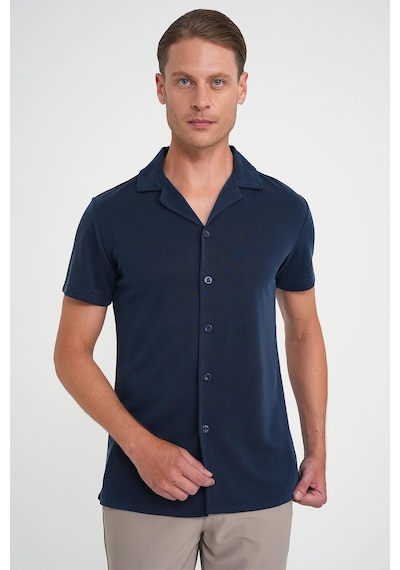 Efor Slim Fit Apaş Yaka Modal Karışımlı Kısa Kol Lacivert Gömlek G 1590 Lacivert