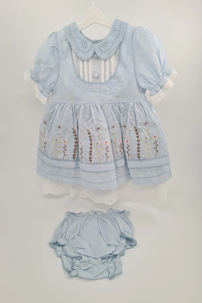 Kıpırık Baby Kız Bebek Mavi Çiçek İşlemeli Fistolu Elbise Kilotlu Takım-1351 Mavi