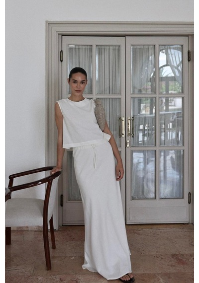 Suud Collection Ekru Lavin Sıfır Kol Keten Bluz Beyaz
