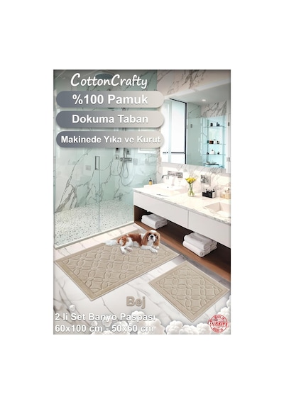 Cottoncrafty %100 Pamuk Dokuma Su Emici Banyo Paspas Seti, Banyo Halısı Çiçek 2 Li Set 60x100-60x50 Bej Diğer