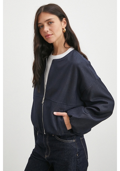 Beli Lastikli Fermuarlı Denim Görünümlü Bomber Ceket Lacivert Lacivert