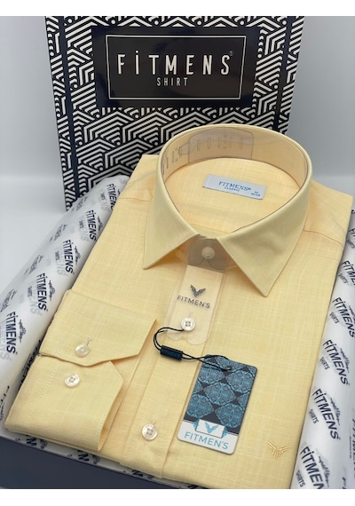 Klasik Uzun Kol Cepsiz Keten Yaka Alttan Düğmeli Hediye Kutulu Erkek Gömlek Fs-003686 - Sarı-2446