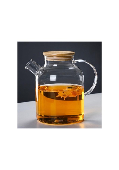 1500 Ml Borosilikat Cam Demlik & Sürahi Bambu Kapaklı Şeffaf