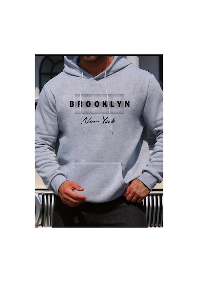 Medinenur Brooklyn Baskılı Kapüşonlu Sweatshirt Gri