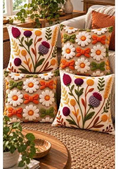 4'lü Set Çiçekli Dekoratif Kırlent Kılıfı 43x43 Cm, 3d Efektli Dijital Baskılı - Renkli Kır Bahçesi Çok Renkli