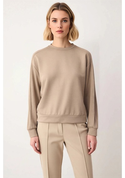 Benerly Kadın Bisiklet Yaka Düşük Kol Oversize Kalıp Örme Sweatshirt Fonk Vizon