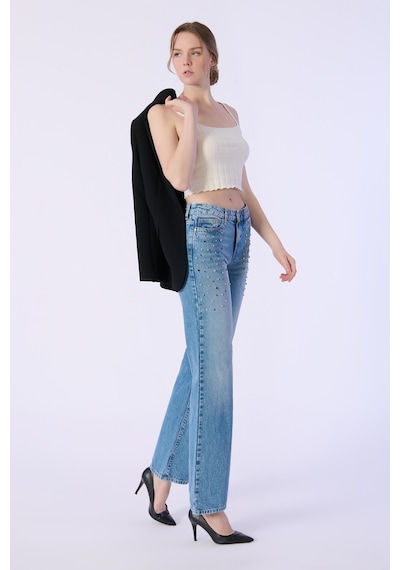 Wide Leg Kalıp Cep Altı Taş Detay Denim Pantolon-a.mavi Açık Mavi