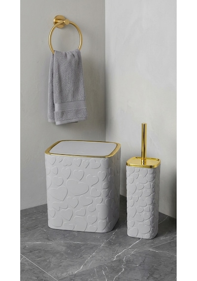 Makri Home 5 Parça Banyo Seti, Kalp Desenli, Gri Gold, Kare, Click Kapaklı, Hacim: 8 Litre Altın - Gri