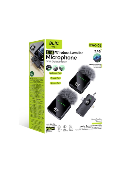 Blic Pro++ Bwc-06 3'ü 1 Arada 2.4g Kablosuz Çift Yaka Mikrofonu Dijital Ekranlı, Type-c / Lightnin