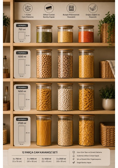 Porsima 12'li Bambu Ahşap Kapaklı Cam Kavanoz Seti 2100 Ml, 1650 Ml, 1300 Ml, 750 Ml Erzak & Baharatlık Bambu - Şeffaf