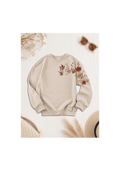 Esade Kadın Dal Sonbahar Kol Baskılı Rahat Kalıp Bisiklet Yaka Bej Sweatshirt Bej