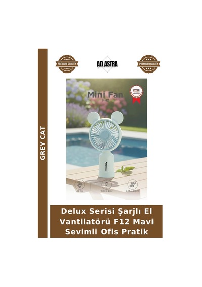 Delux Serisi Şarjlı El Vantilatörü F12 Mavi Sevimli Ofis Pratik