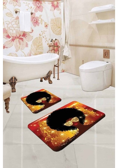 Turuncu Etnik Desen Banyo Halısı Klozet Paspas Seti Bs228n11