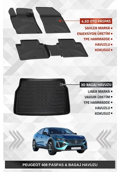 Sahler Peugeot 408 2022-2025 Uyumlu 4.5d Havuzlu Paspas Ve Liner Marka Bagaj Havuzu - Hybrid Model U