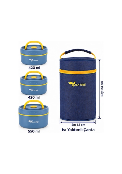 Valkyrie 3 Göz Taraftar 304 Paslanmaz Çelik Yemek Lunch Box 420+420+550 Ml Isı Yalıtımlı Çantalı Lacivert