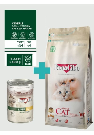 Bonacibo Adult Tavuklu Kuru Mama 2 Kg & Soslu Ciğerli Konserve Avantaj Paketi 6x400 Gr