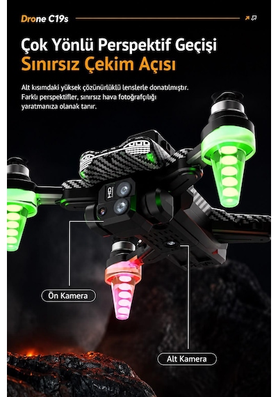 C19s Akıllı Drone Göz Alıcı Led Işıklı Yörünge Uçuş Wifi Cam Telefondan Kontrol Elektirikli Kamera 90 Derece Kamera Ayarı Sabit Uçuş