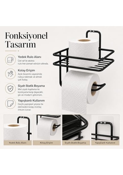 Yapışkanlı Raflı Tuvalet Kağıtlığı - Mat Siyah Metal Paslanmaya Dayanıklı Deliksiz Banyo Düzenleyici Raf Ve Diğer