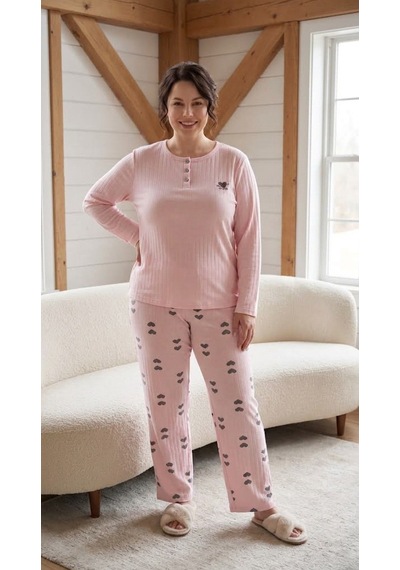 Eyfuze Kadın Kışlık Büyük Beden Desenli Yakası Düğmeli Uzun Kollu Pijama Takımı Siyah - Pembe