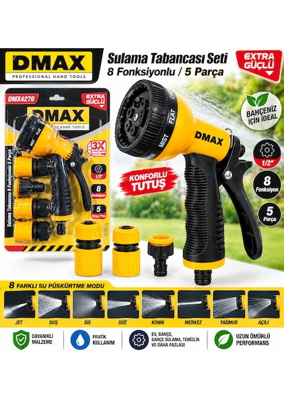 Sulama Tabancası 8 Fonksiyonlu 5 Parça Extra Güçlü 1/2 Ürün Kodu :dmx 4270 1 Adet