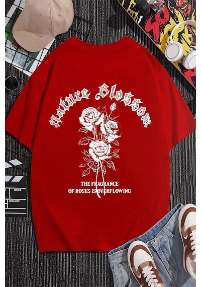 Uyguntarz Nature Blossom Baskılı Unisex Oversize Tshirt Kırmızı