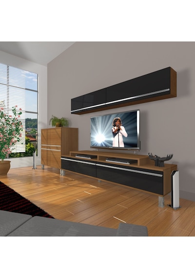 Decoraktiv Ekoflex 6y Mdf Krom Ayaklı Tv Ünitesi Tv Sehpası Ceviz - Siyah