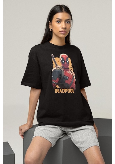 Film Kahramanı Deadpool Baskılı Unisex Oversize Marvel Tişört Siyah