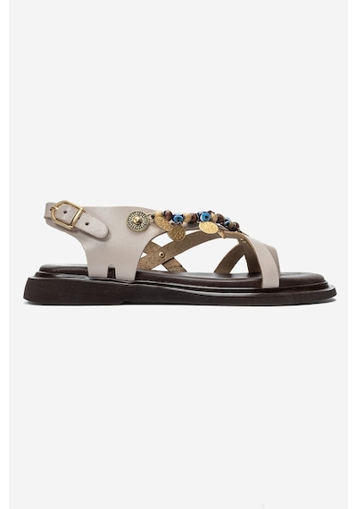 Luvi Shoes Hush Krem Hakiki Deri Boncuklu Kadın Parmak Arası Sandalet