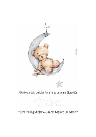 MSticker Ayda Uyuyan Sevimli Ayıcık Ve Sarı Yıldızlar Çocuk Bebek Odası Sticker Seti