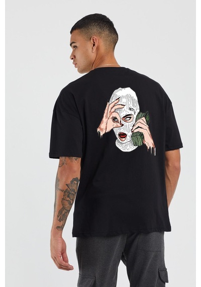 Thewert Unisex Mask Baskılı Siyah Oversize Tshirt