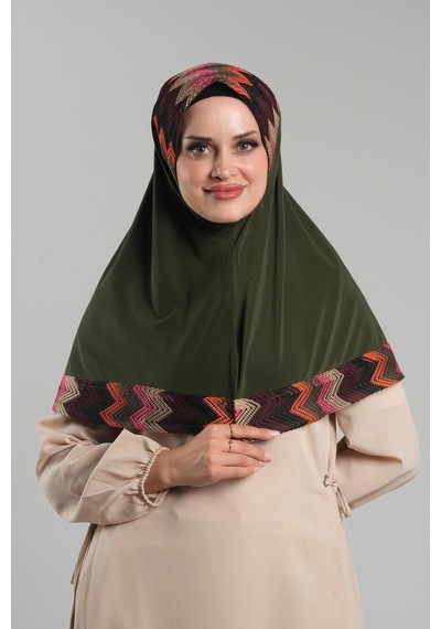 Hürrem Bone Haki Pratik Hazır Geçmeli Tesettür Eşarp Sandy Renkli Desenli Fileli 2401 09 Haki