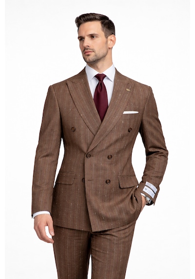 Fabıo Cassel Çizgili Kruvaze Erkek Takım Elbise Slim Fit Kahverengi