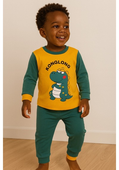 Aden Kids Çocuk Mevsimlik Penye Pijama Takımı Yeşil Beyaz